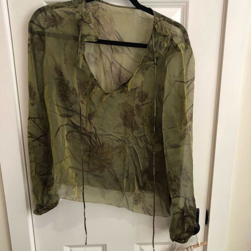 Nordstrom Olive Green Sheer Floral Tie-Neck Blouse